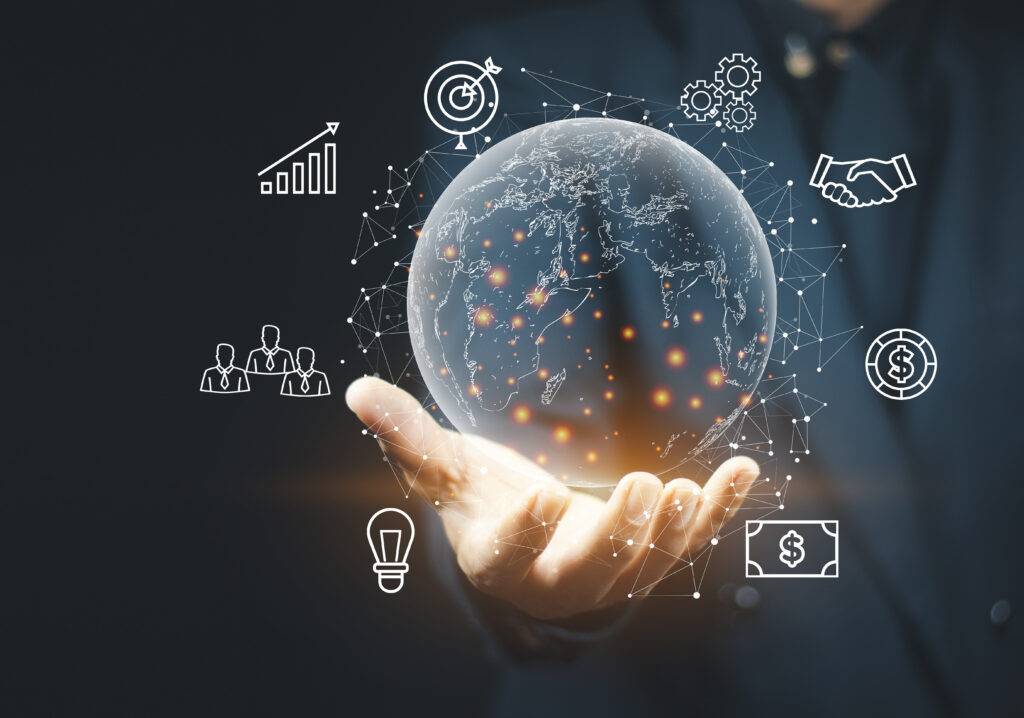Businessman holding global internet connection technology business and digital marketing, finance and banking, digital link technology, big data.